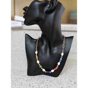 Millefiori Glass & Freshwater Pearl Paper Clip Chain Necklace